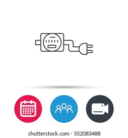 Electric counter icon. Electricity with plug sign. Group of people, video cam and calendar icons. Vector