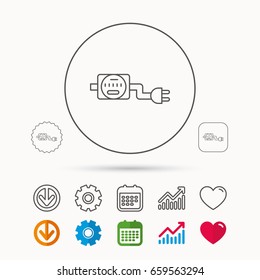 Electric counter icon. Electricity with plug sign. Calendar, Graph chart and Cogwheel signs. Download and Heart love linear web icons. Vector