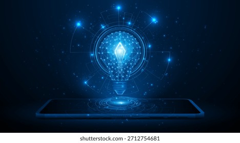 Lâmpada elétrica ou criativa em tablet ou smartphone. Conceito de conexão global à internet para empresas. tecnologia digital avançada	