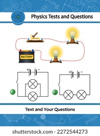 Electric current in circuit. Physical experiment of studying laws of electricity with simple electrical scheme. Battery, two Light Bulb and Switch. Practical laboratory work at physics lesson school.