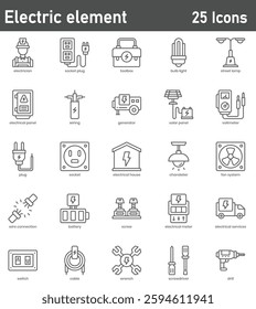 Electric Current Line Icons Set. Collection of 25 outline icons representing electric circuits, current flow, energy, and electrical symbols. Editable stroke vector illustration.