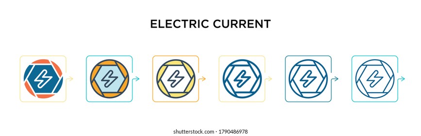 Electric current vector icon in 6 different modern styles. Black, two colored electric current icons designed in filled, outline, line and stroke style. Vector illustration can be used for web, 