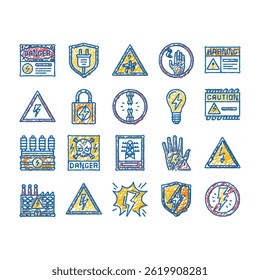 electric danger shock power doodle icons set vector. voltage hazard, safety energy, warning high risk, lightning cable, bolt, caution electric danger shock power sketch hand drawn