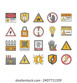 electric danger shock power icons set vector. voltage hazard, safety energy, warning high risk, lightning cable, bolt, caution electric danger shock power color line illustrations