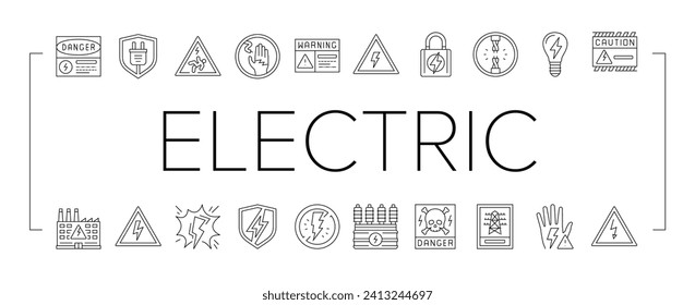 electric danger shock power icons set vector. voltage hazard, safety energy, warning high risk, lightning cable, bolt, caution electric danger shock power black line illustrations