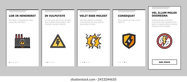 electric danger shock power onboarding mobile vector. voltage hazard, safety energy, warning high risk, lightning cable, bolt, caution electric danger shock power illustrations