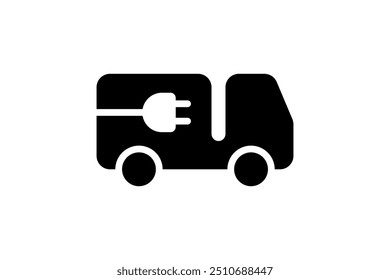 Electric delivery truck black icon. Green electrical lorry silhouette and plug charging station symbol. Eco friendly electro vehicle sign concept. Vector battery powered EV transportation eps logotype