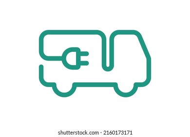 Electric delivery truck icon. Green cable electrical lorry contour and plug charging symbol. Eco friendly electro vehicle sign concept. Vector battery powered transportation eps illustration