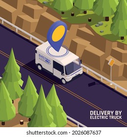 Electric delivery truck with map pointer location mark on customer smartphone tablet screen isometric composition vector illustration