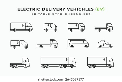 Electric delivery vehicles line art outline icons set. various type EV Electric vehicle symbol icon vector illustration. Editable stroke