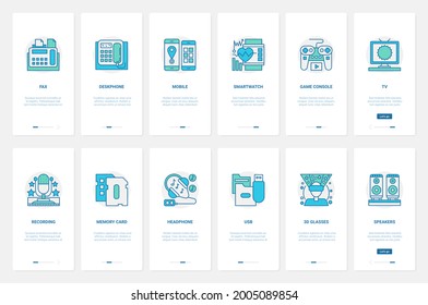 Electric devices for home and office vector illustration. UX, UI onboarding mobile app page screen set with line desktop mobile phone fax, smart watch, game console joystick, microphone and headphones