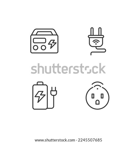 Electric devices pixel perfect linear icons set. Smart socket and plug. Portable generator and battery. Customizable thin line symbols. Isolated vector outline illustrations. Editable stroke