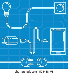 Electric devices set. Line art mobile phone, charger, power outlet, lamp bulb