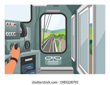 Punto de vista del ingeniero de locomotoras diésel eléctrico. Ilustración plana simple.
