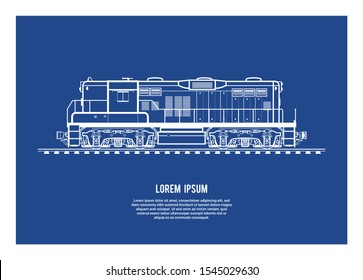 Electric diesel locomotive. Simple blueprint illustration.