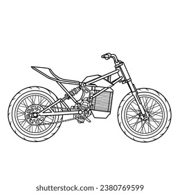 Concepto de bicicleta de tierra eléctrica. Esbozo de motocicleta eléctrica dibujado a mano, adecuado para su motocicleta eléctrica personalizada, ilustración de contorno vectorial, vista lateral aislado con fondo blanco