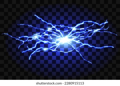 Electric discharge. Blue lightning isolated on transparent background. Flash Light. Realistic lightning glow. Natural phenomenon. Vector illustration.
