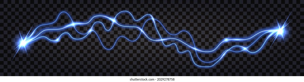 Electric discharge collision, blue light flash, shock effect with electrical glowing. Swirl wavy wire, power cable isolated, impulse signal  lines. Modern technology vector illustration