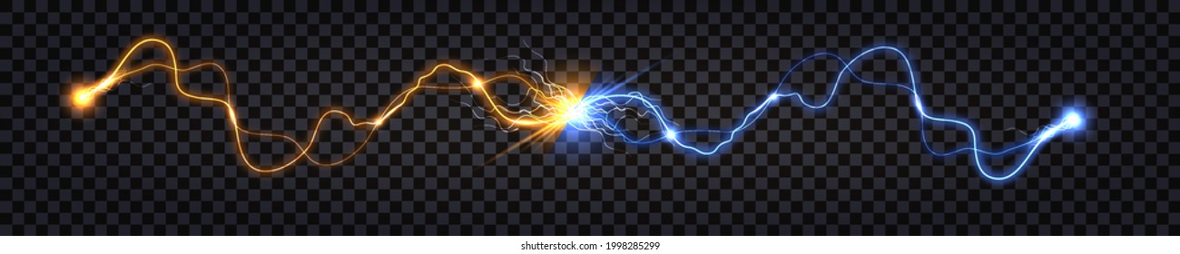Electric discharge collision, blue vs yellow lightning thunder bolt. Glowing electric shock effect, light flash. Power battle with impulse waves. Vector illustration - Shutterstock ID 1998285299