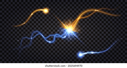 Colisión de descarga eléctrica; perno de brillo relámpago azul vs amarillo. Pista brillante, luz de choque eléctrico parpadeará. Energía, tecnología, alambre de impulso aislado.  Ilustración del vector