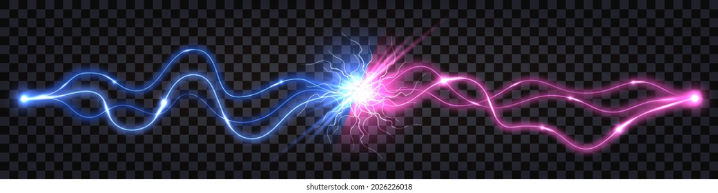 Electric discharge collision, blue vs pink shock effect., glowing lightning thunder bolt. Electric light flash, power wire impulse. Swirl wavy cable. Isolated effect. Vector illustration