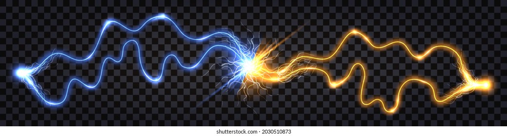 Electric discharge collision, blue vs yellow lightning thunder bolt. Glowing electric shock effect, light flash. Power battle with impulse line swirl wire, isolated effect. Vector illustration