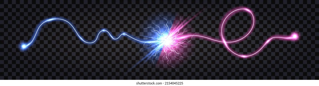 Electric discharge collision, blue vs pink shock effect., glowing lightning thunder bolt. Electric light flash, power wire impulse. Swirl wavy cable. Isolated effect. Vector illustration