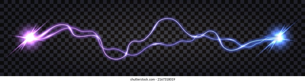 Electric discharge collision; blue vs purple shock effect.; glowing lightning thunder bolt. Electric light flash; power wire impulse. Swirl wavy cable. Isolated effect. Vector illustration