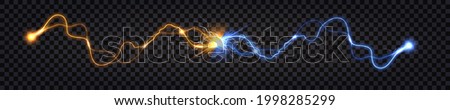 Electric discharge collision, blue vs yellow lightning thunder bolt. Glowing electric shock effect, light flash. Power battle with impulse waves. Vector illustration