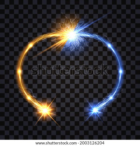 Electric discharge collision; blue vs yellow  Glowing electricity light flash, lightning thunder bolt. Circular wire impulses, power battle. Vector illustration