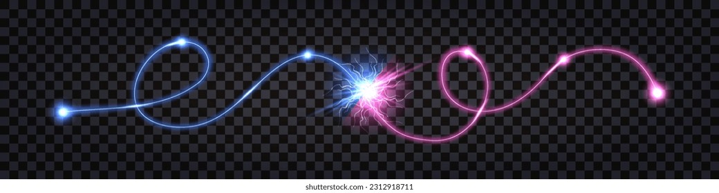 Electric discharge collision,wavy swirl cable,  blue vs pink shock effect., glowing lightning thunder bolt. Electric light flash, power wire impulse. Swirl wavy cable. Isolated effect. Vector 