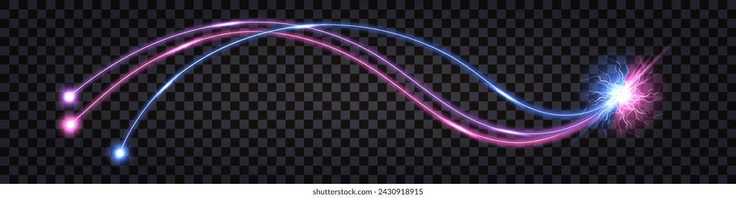 Electric discharge collision,wavy swirl cable,  blue vs pink shock effect., glowing lightning thunder bolt. Electric light flash, power wire impulse. Swirl wavy cable. Isolated Vector illustration