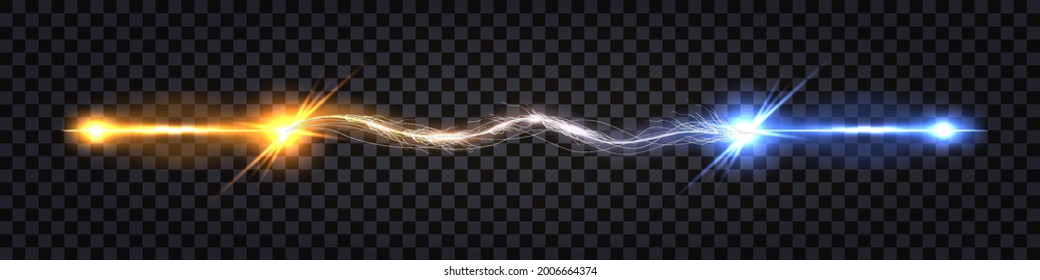 Electric discharge effect. Blue vs yellow electricity clash impulse. Lightning thunder bolt, electricity shock flash, light burst. Power battle with line wire connection. Vector illustration
