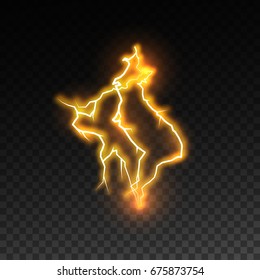Electric discharge isolated on checkered transparent background. Electricity visual effect for design. Vector illustration. Thunderbolt or lightning natural effect