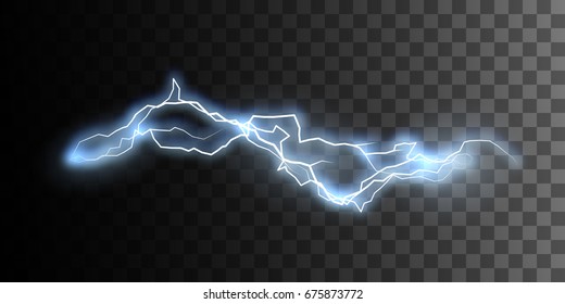 Electric discharge isolated on checkered transparent background. Electricity visual effect for design. Vector illustration. Thunderbolt or lightning natural effect