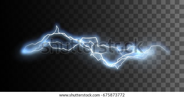 Electric discharge isolated on\
checkered transparent background. Electricity visual effect for\
design. Vector illustration. Thunderbolt or lightning natural\
effect