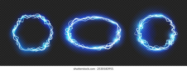 Quadros de efeito de descarga elétrica ou relâmpago, conjunto isolado de bordas realistas com faíscas. Forma geométrica vetorial circular, redonda e oval com espaço de cópia para faixas, apresentação ou tipografia