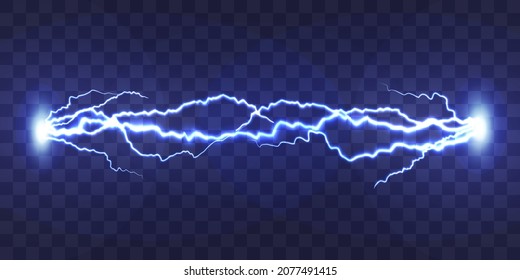 Electric discharge. Lightning isolated on a transparent background. Flash Light. Realistic lightning glow. Natural phenomena. Vector.