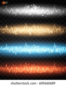 Electric discharge on transparent background. Energy colors lightning with electric discharge isolated. Vector illustration