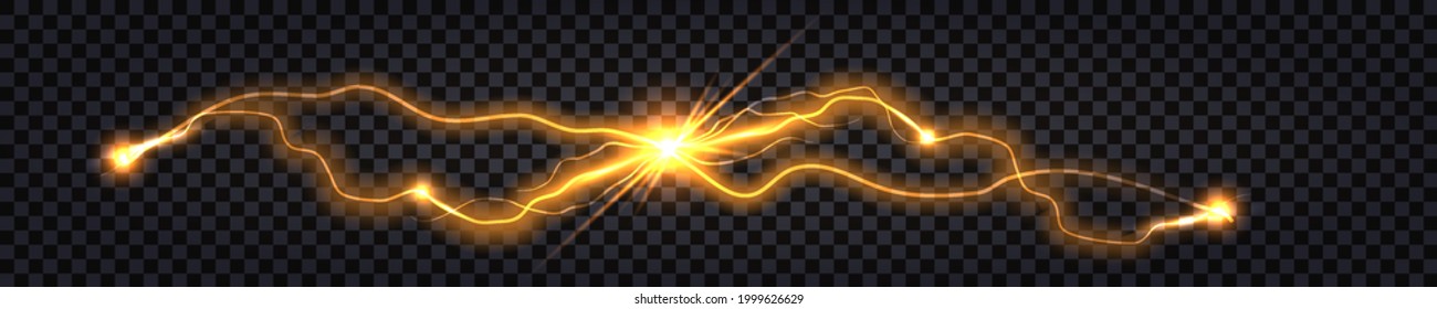 Electric discharge shock effect. Lightning collision, two vs impulse waves. Yellow light,  luminous thunder bolts, glowing flash sparkling electricity. Vector illustration