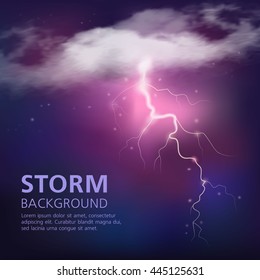 Electric discharge in sky background with lightning from half transparent clouds on purple blue color vector illustration