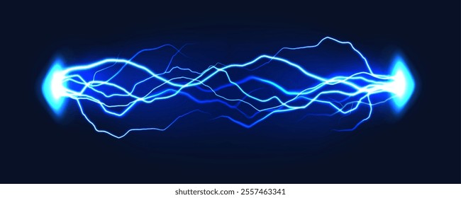 Electric discharge. Thunder bolts blue lightning, electric shock glowing flash effect. Power electrical energy lightning. Vector concept.