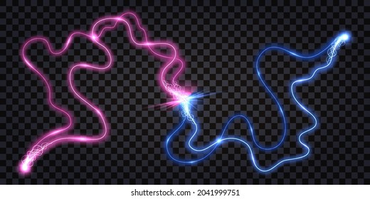 Electric discharge wave swirl, clash shock effect, blue vs pink lightning thunder bolt. Glowing light, wavy electrical wire cable, power energy explosion. Vector illustration