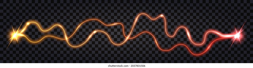 Electric discharge wave swirl, yellow vs red light glow. Lightning thunder bolt, power energy flash explosion, wire cable isolated on dark background. Vector illustration