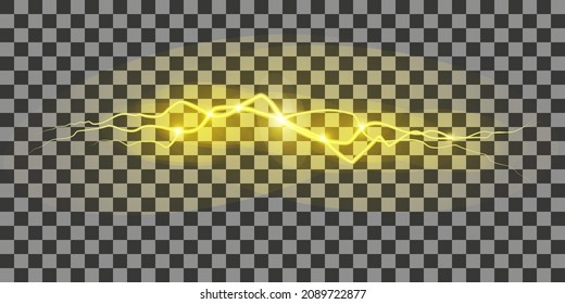 Electric discharge. Yellow lightning isolated on transparent background. Flash Light. Realistic lightning glow. Natural phenomenon. Vector.