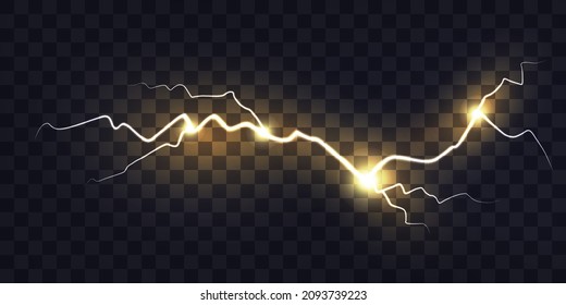 Electric discharge. Yellow lightning isolated on transparent background. Flash Light. Realistic lightning glow. Natural phenomenon. Vector.