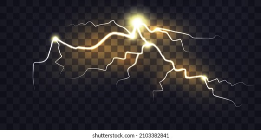 Electric discharge. Yellow lightning isolated on transparent background. Flash Light. Realistic lightning glow. Natural phenomenon. Vector.