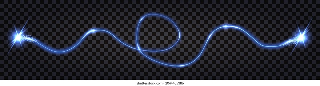Electric dischrge thunder bolt, lightning shock effect, swirl wave. Blue light glowing explosion, twisted electrical energy wire. Vector illustration
