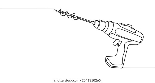 Taladro eléctrico con broca. Dibujo continuo de una línea centrado en la precisión y la resistencia en la construcción.