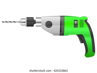 Electric drill and bit on a white background.